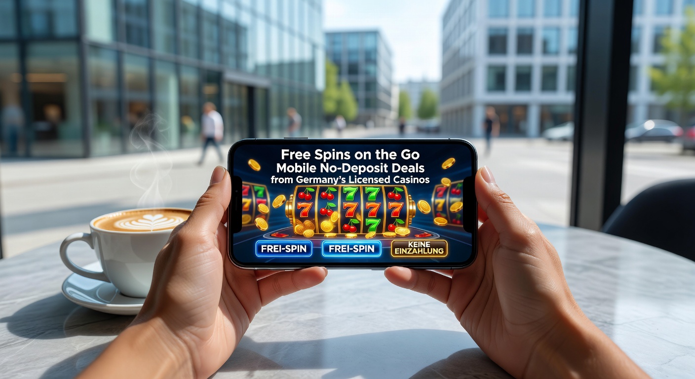 Smartphone mit Casino-App und Free-Spins-Symbolen auf dem Bildschirm, umgeben von deutschen Lizenzen und mobilen Icons