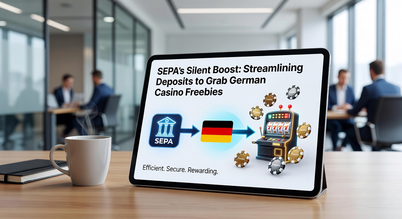Grafik zeigt SEPA-Logo mit Pfeilen für schnelle Einzahlungen in ein Casino-Symbol, symbolisiert nahtlose Transaktionen